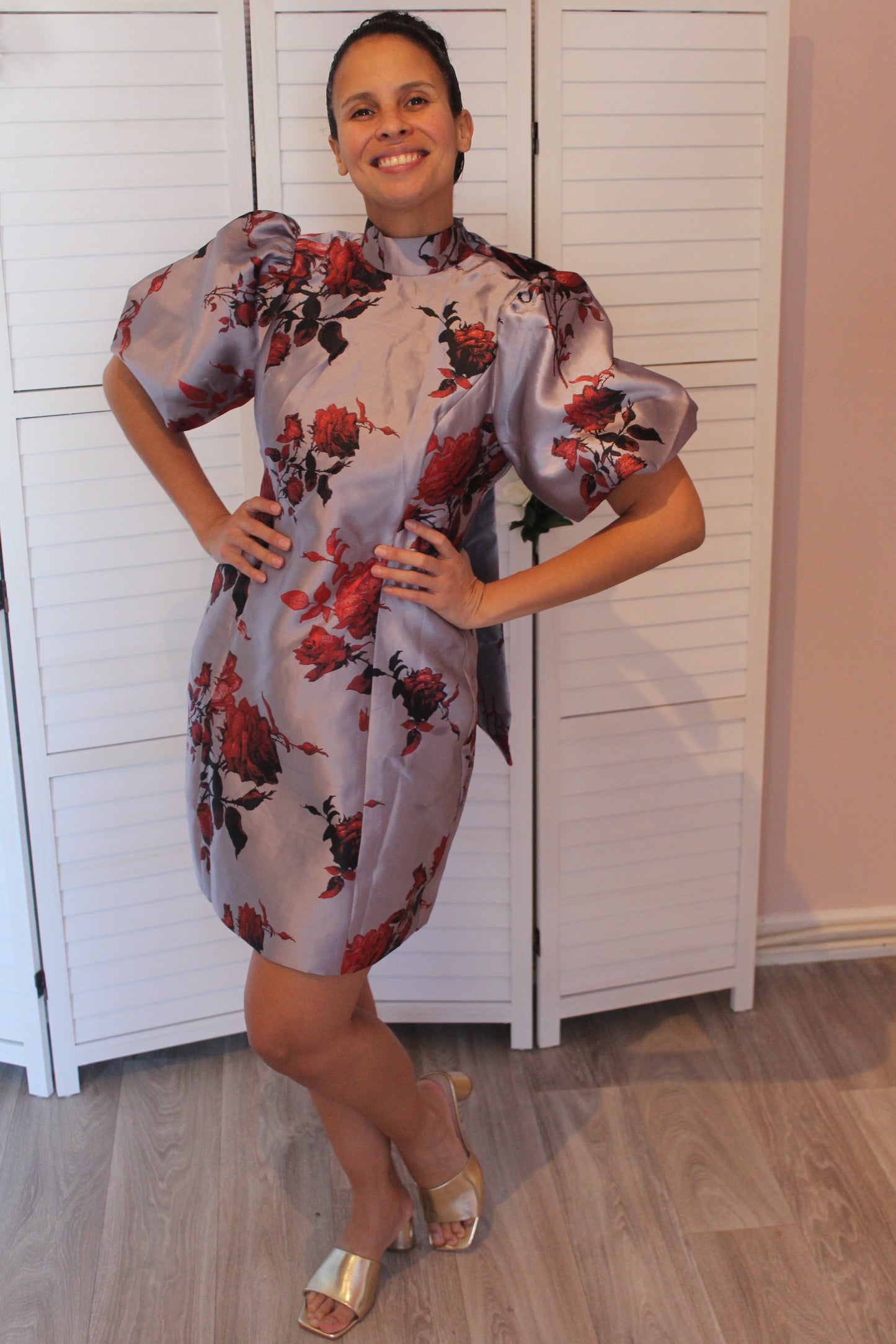 KAREN MILLEN Lydia Millen Floral Jacquard Panelled Puff Sleeve Woven Mini Dress