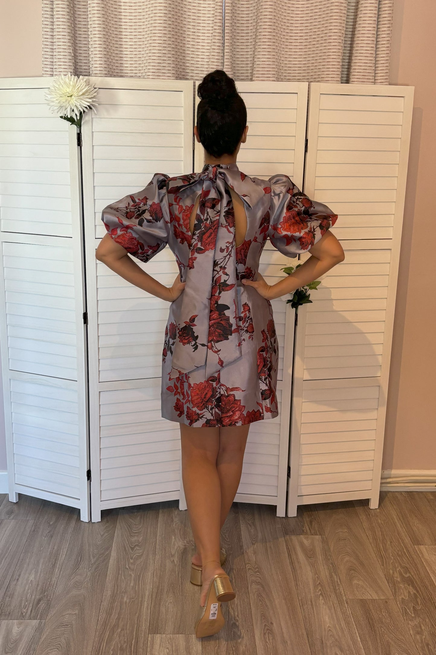 KAREN MILLEN Lydia Millen Floral Jacquard Panelled Puff Sleeve Woven Mini Dress