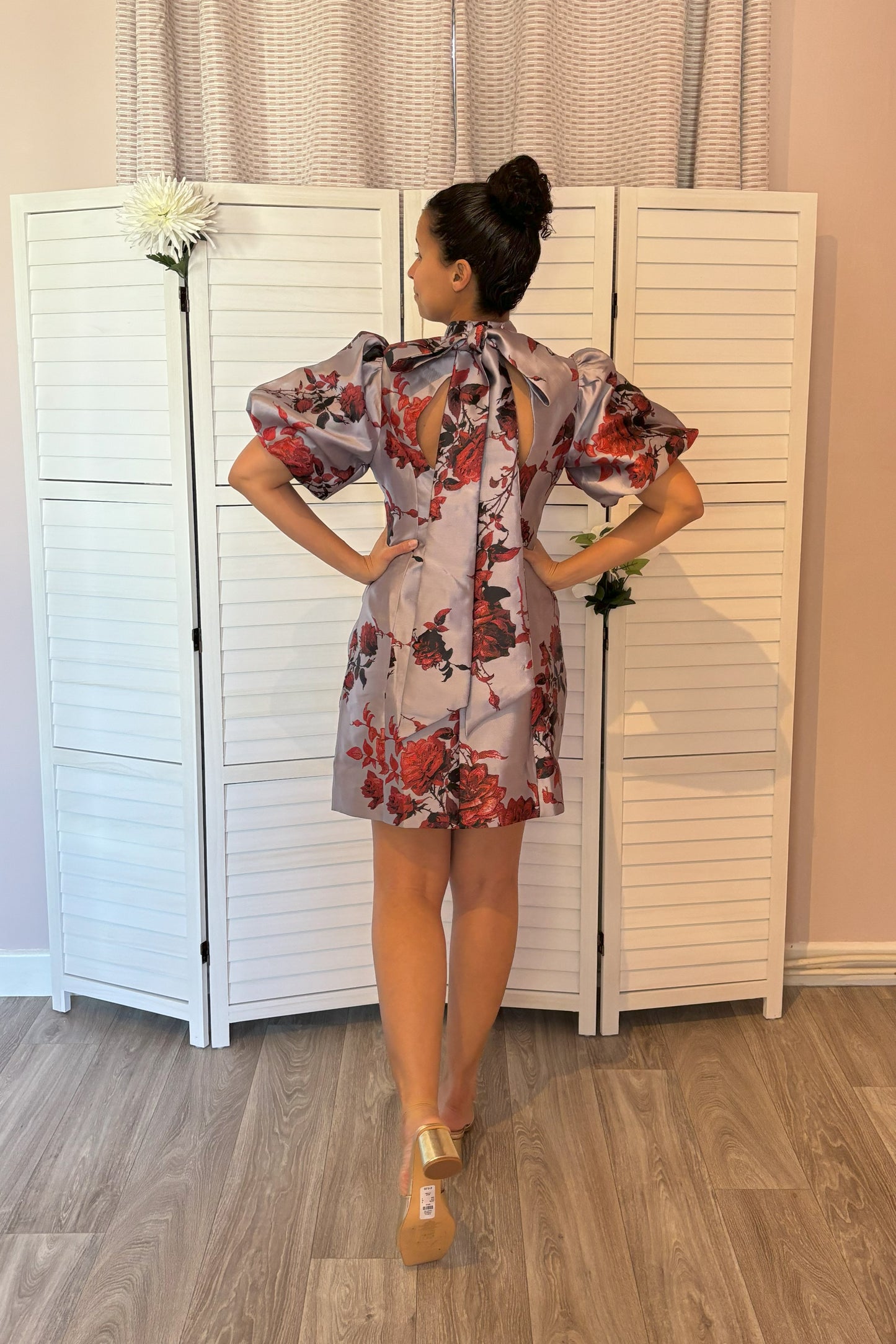 KAREN MILLEN Lydia Millen Floral Jacquard Panelled Puff Sleeve Woven Mini Dress