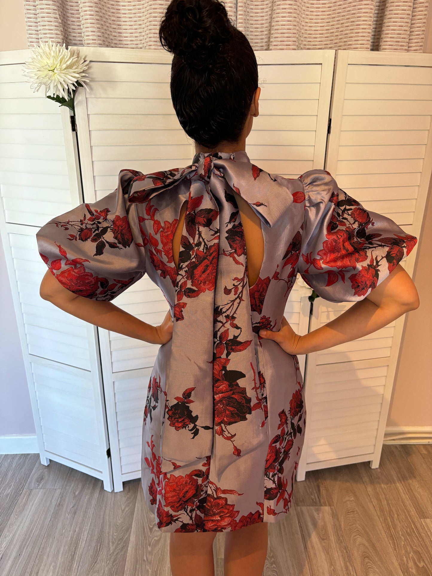 KAREN MILLEN Lydia Millen Floral Jacquard Panelled Puff Sleeve Woven Mini Dress